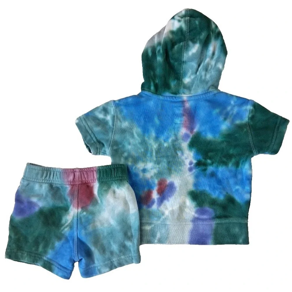 Baby Gap 2pc Tie Dye Hooded 6 9 12 Mos Outfit Shorts Sweatshirt Set Boy Girl